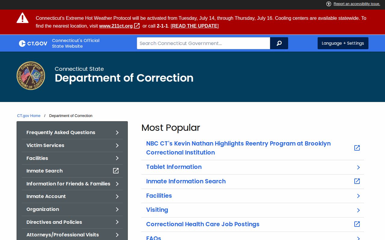 Connecticut DOC statewide facility release and offender search context